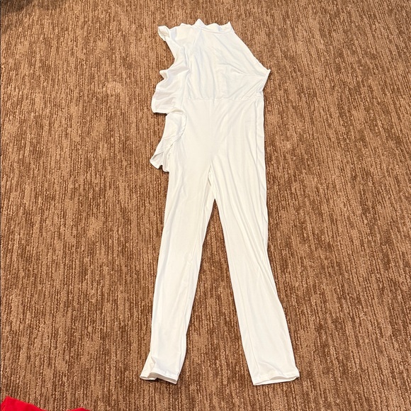 Amazon Pants - Amazon White One-Shoulder Ruffle Jumpsuit